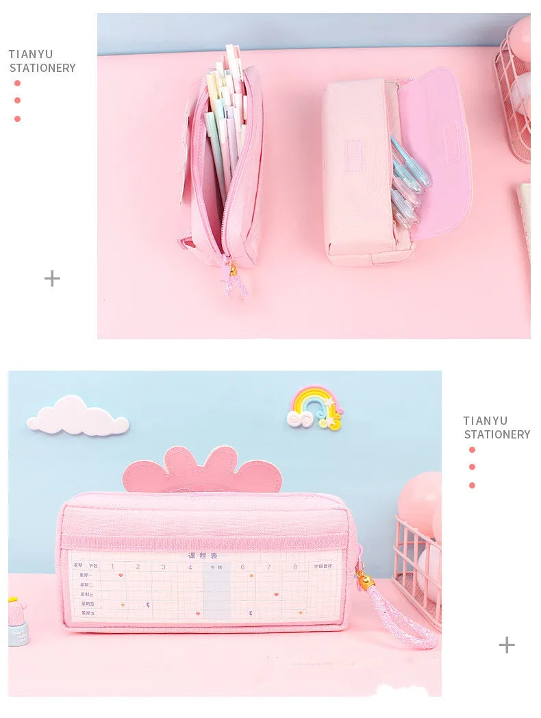 Sable mouvant chat crayon étui mignon sac à crayons Trois couches Grand étui à stylo filles kawaii Papeterie sac dessin animé animaux stylo