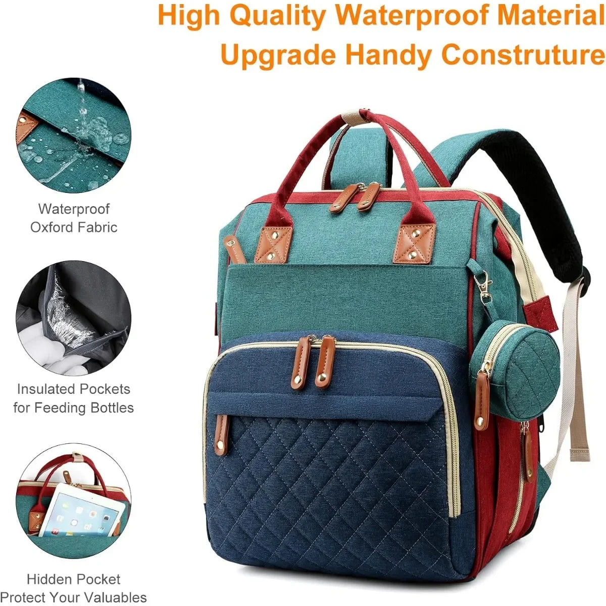 Fexkean Sac à Dos à Langer pour Bébé, Sac à Dos Pour lit bébé, Sac à langer de voyage portable avec lit pliable Grande Capacité Sac à Couches Multifonction Imperméable