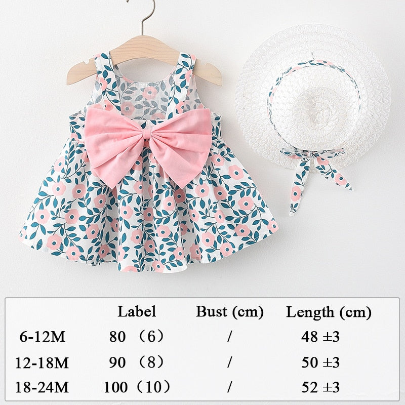Robe Imprimée Intégrale Avec Des Fleurs Pour Enfant En Bas Âge Et Chapeau, Jolie Robe Sans Manches Avec Nœud Décoratif, Vêtements Pour Bébé Fille Pour L'été