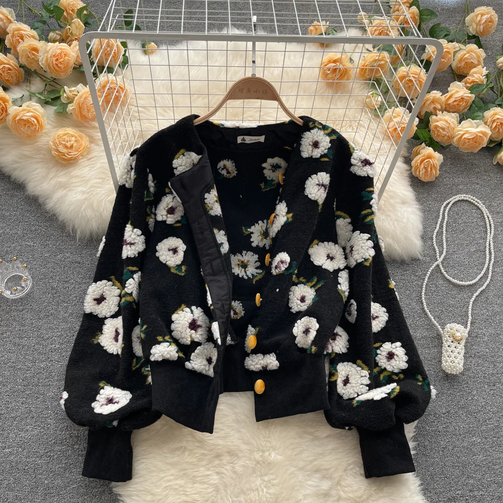 Veste Courte à Manches sulfet Col Rond pour Femme, Vêtement à Boutonnage Simple, Style Rétro, Fleur Tridimensionnelle