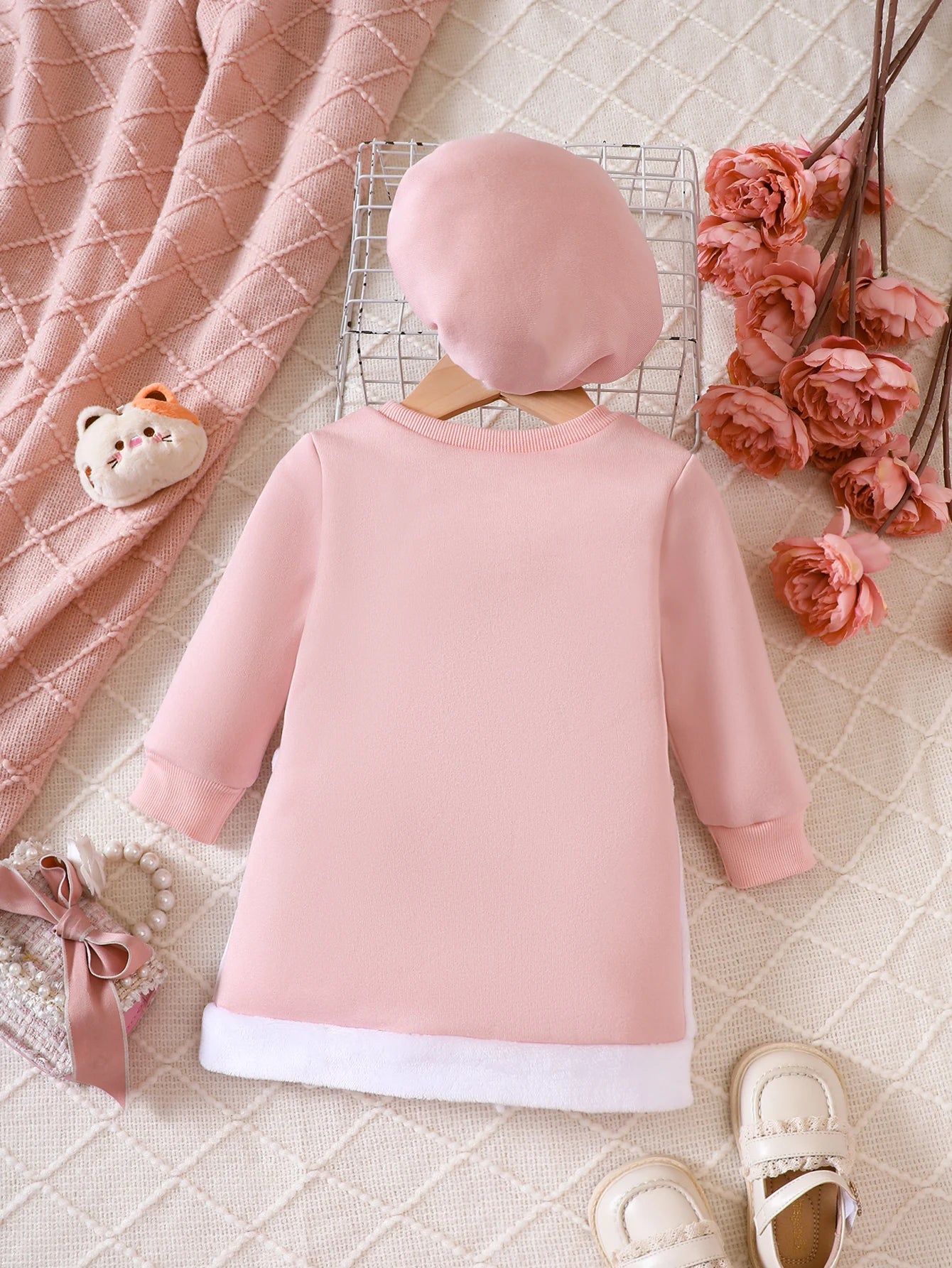 Printemps Et Automne Filles Robe Chapeau Col Rond À Manches Longues Dessin Animé Chat