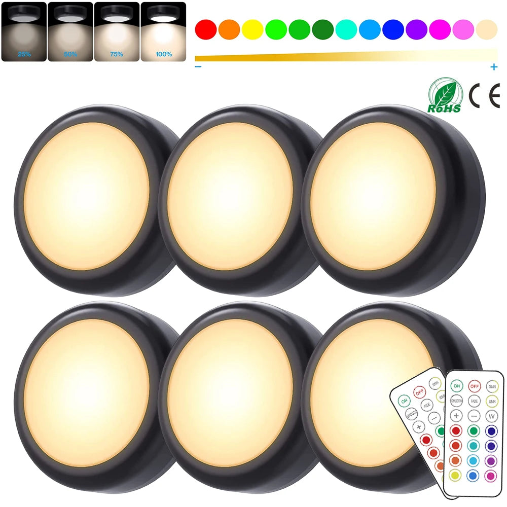 1/2/3/4/6 Pack RGBW LED Puck Lights avec télécommande LED sous l’armoire Lumières de poussée dimmables Lampes sans fil sans fil sous le comptoir pour armoire de cuisine