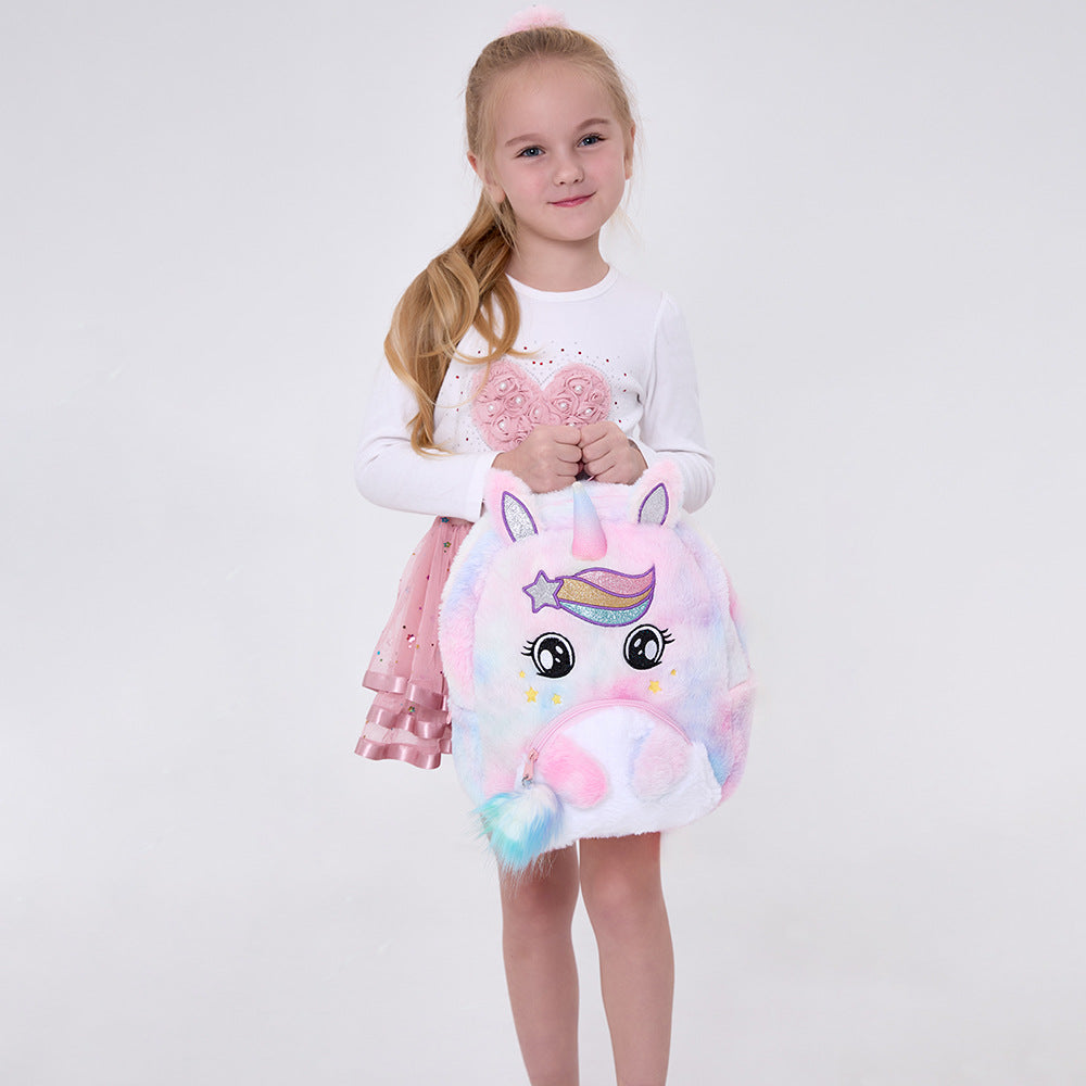 Sac à dos pour filles de maternelle Sac à dos en peluche de dessin animé licorne pour enfants avec de jolis grands yeux