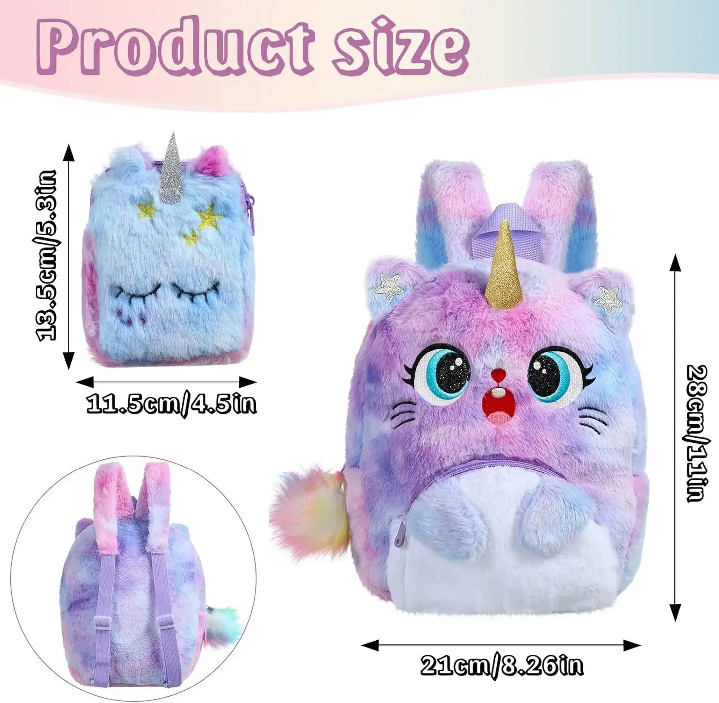 NEEVAS Ensemble sac à dos et sac à main mignon licorne chat kawaii coloré en peluche sac d'école, sac à bandoulière, sac à bandoulière doux, cadeau pour enfants filles