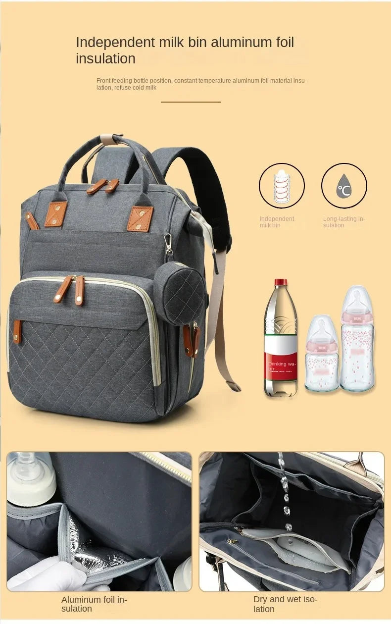 Sac à Dos à Langer pour bébé, Sac de Voyage avec Lit de Bébé Portable, 35L Grande Capacité Sac de Maternité, Sac à Couches Multifonction avec 2 Sangles de Poussette et Berceau