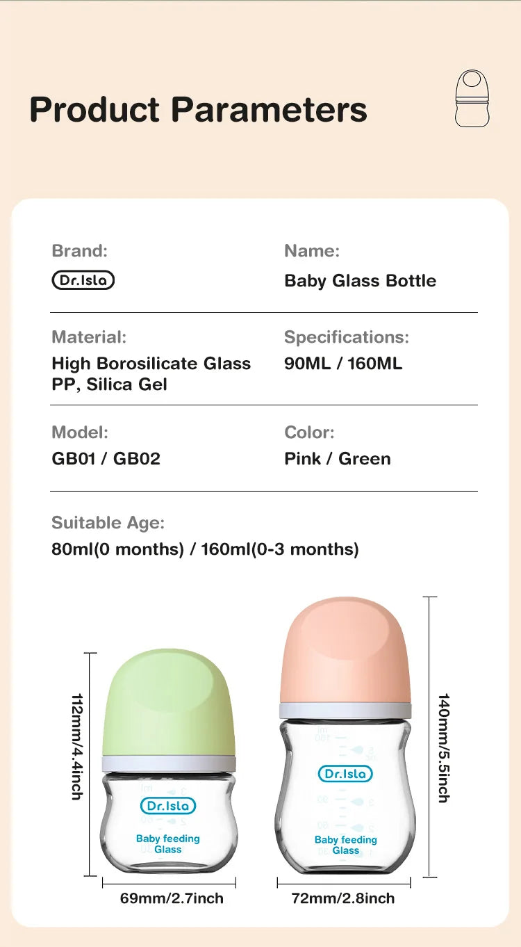 Biberon en verre pour nouveau-né, alimentation au lait pour bébé, sans BPA, 160ml, Rose , Blue