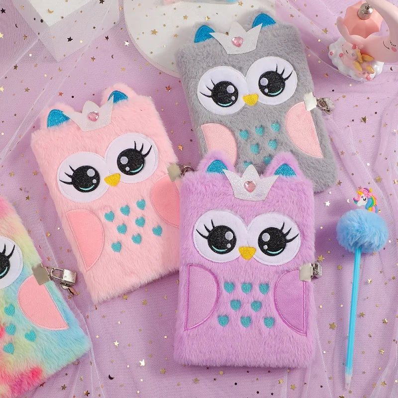 Carnet de Notes en Peluche Hiboux Mignon, A5 Carnet de Notes Horizontal, Journal Secret, Notebook pour le travail, l'étude, Cadeau pour Enfants et Adolescents