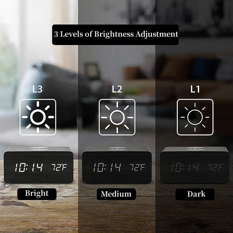 Réveil numérique en bois Charge sans fil Température Rendez-vous Mode nuit Horloge de table 3 Alarme 12 / 24H Horloge LED
