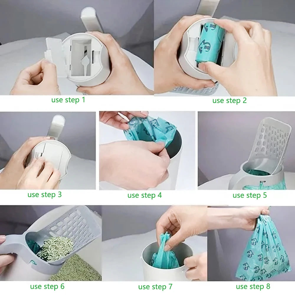 CATOPIA Litter Scooper Pelle à Litière avec Réservoir, Pelle à Litière avec Poubelle pour Chat, Bac Récupérateur déchets, 10 Rouleaux Sacs Poubelle