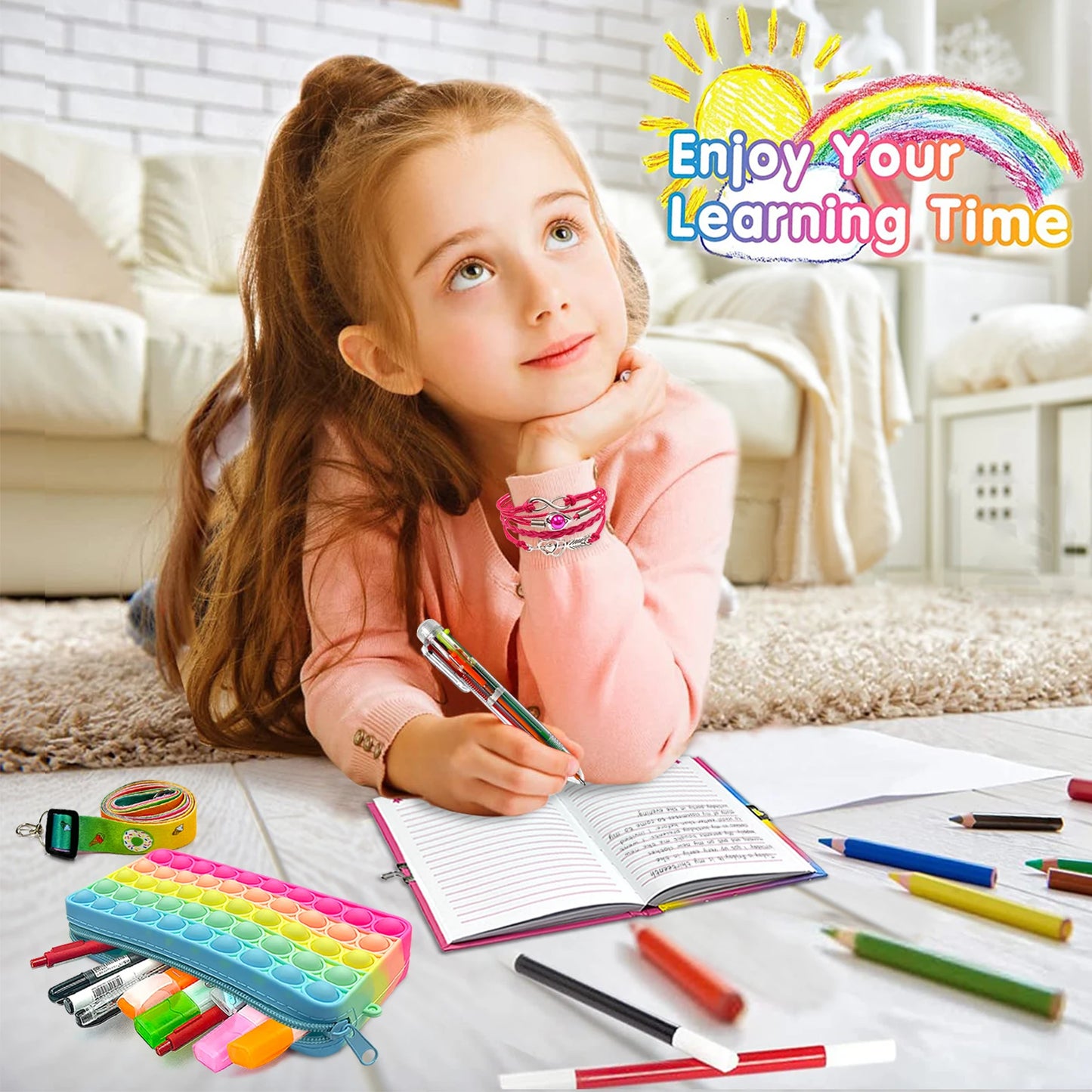 Cahier Pop pour Enfants, Fidget Journal Set Comprend Agenda avec serrure Bracelet de mode rose 6 Stylo à bille multicolore