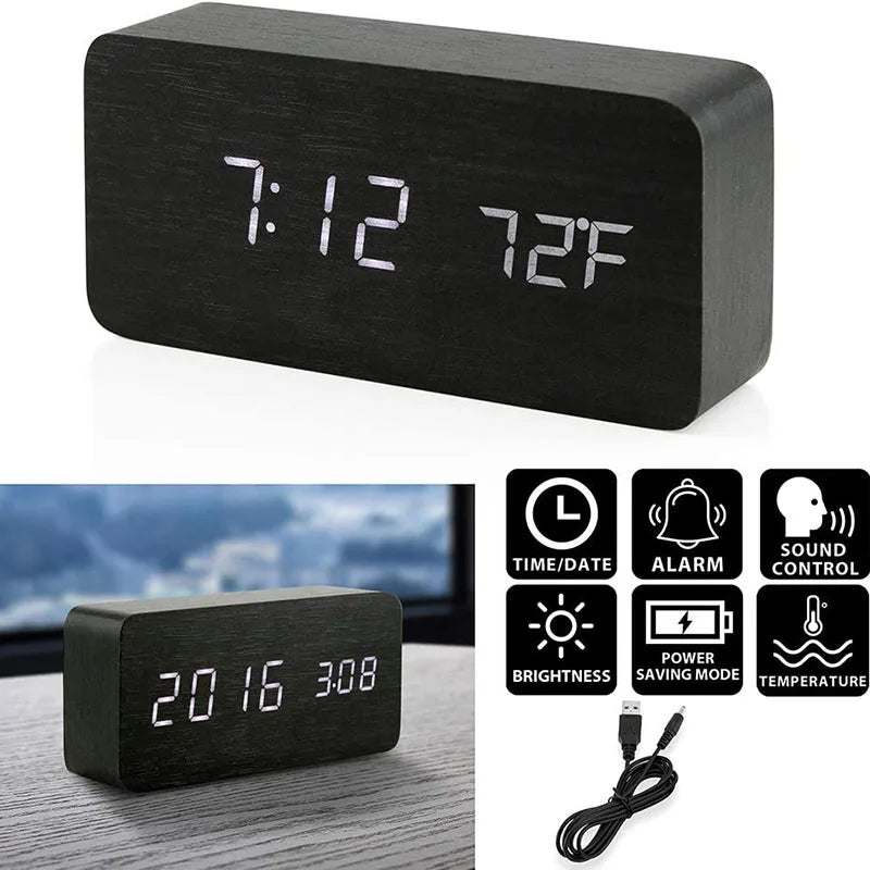 Réveil numérique Horloge de table LED en bois avec température pour chambre à coucher Bureau de voyage