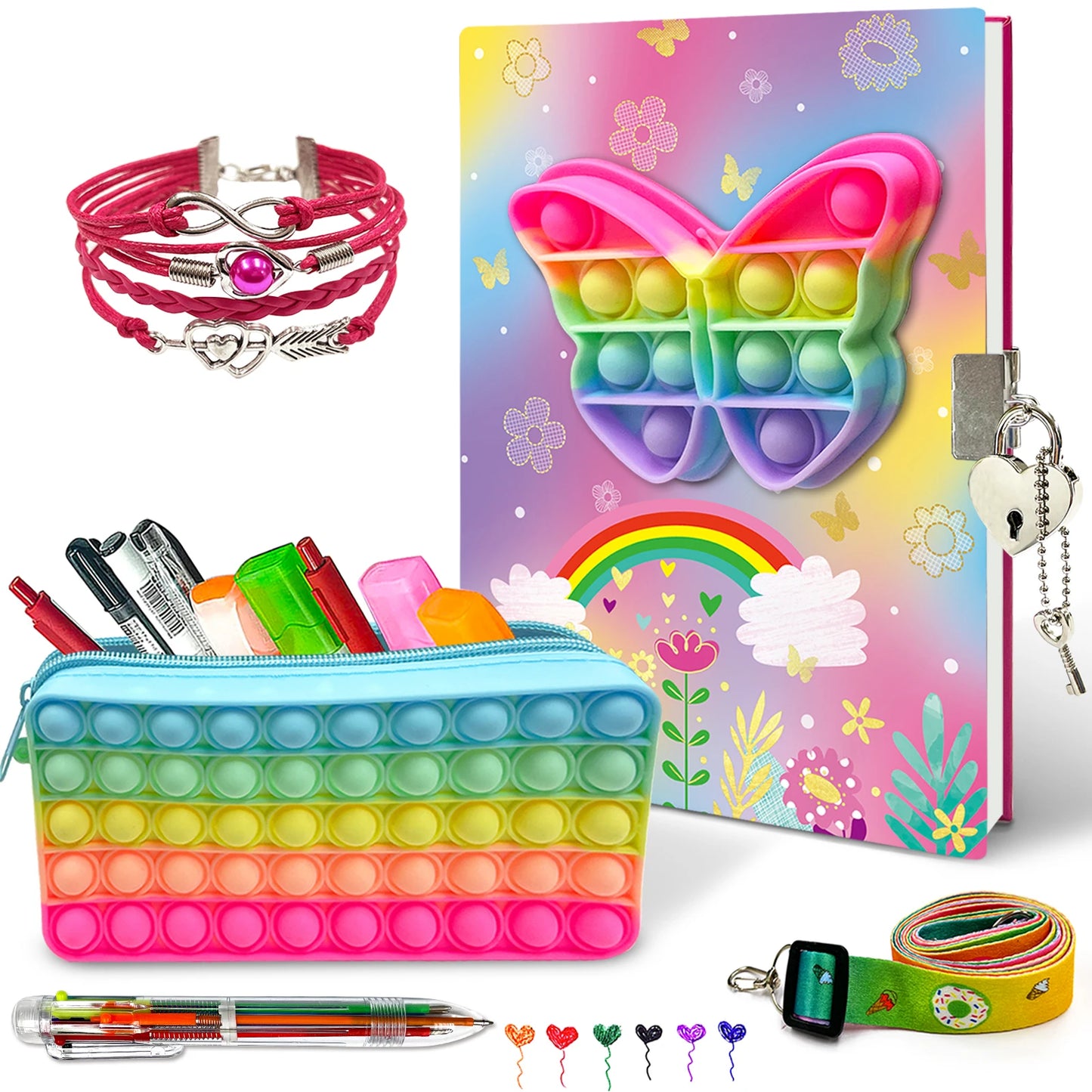 Cahier Pop pour Enfants, Fidget Journal Set Comprend Agenda avec serrure Bracelet de mode rose 6 Stylo à bille multicolore