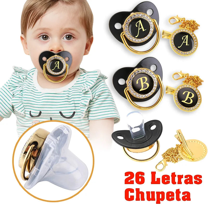 Tétine en Silicone pour Bébé de 0 à 3 Ans, Sans Bisphénol A, Lettres Noires et Dorées, Super Cool, avec réinitialisation de Chaîne, Meilleur Cadeau