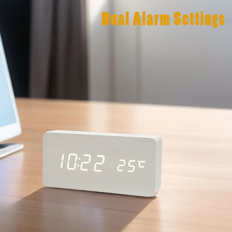 Réveil numérique Horloge de table LED en bois avec température pour chambre à coucher Bureau de voyage