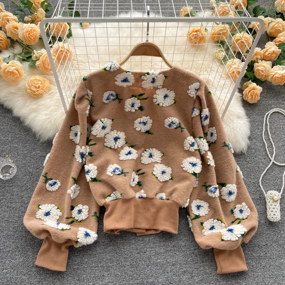 Veste Courte à Manches sulfet Col Rond pour Femme, Vêtement à Boutonnage Simple, Style Rétro, Fleur Tridimensionnelle