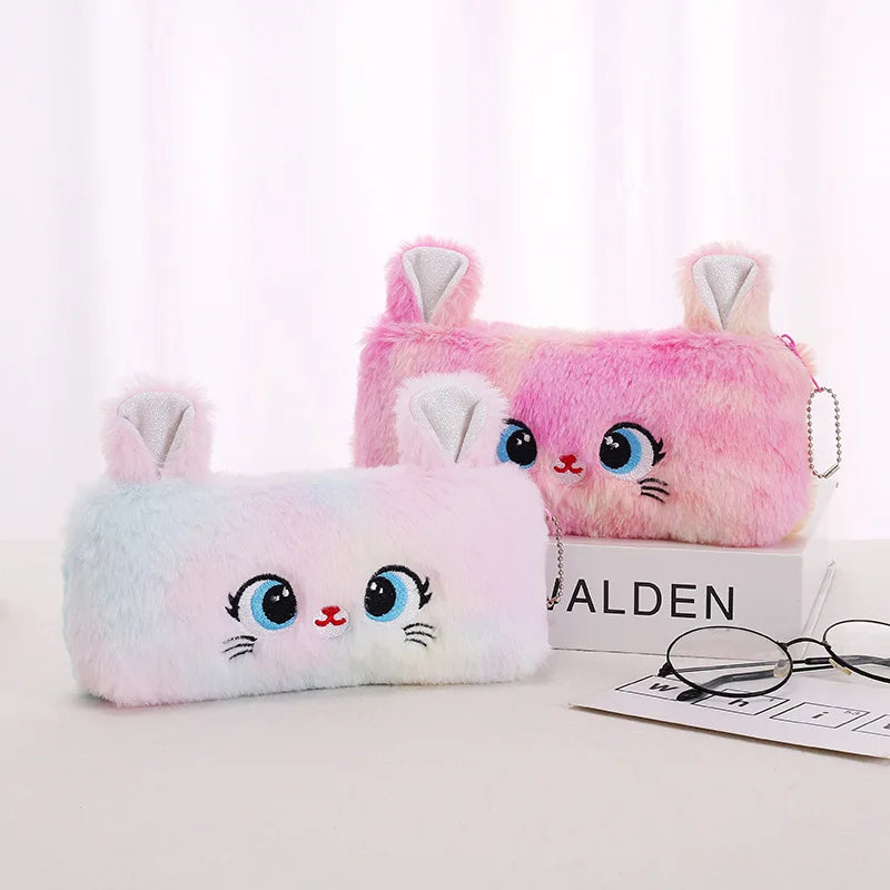 Étui à crayons en peluche kawaii Boîte à stylos mignonne Grande capacité pour les filles Sac de rangement Fournitures de bureau scolaires
