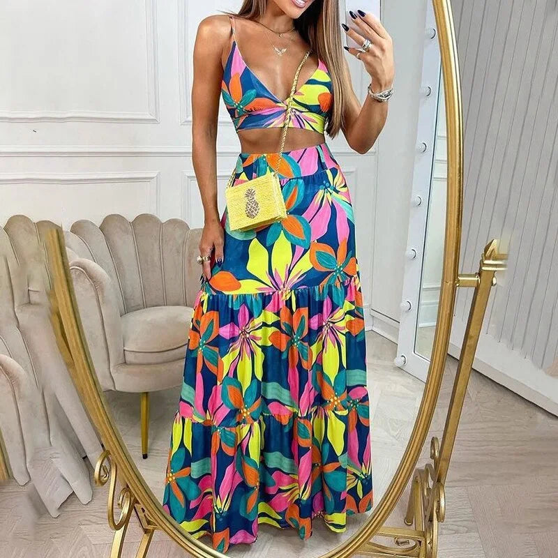 Ensemble Nouveau été femmes deux pièces ensembles sans manches jupe imprimée deux pièces hauts sexy élégante robe longue dames plage costume jupe