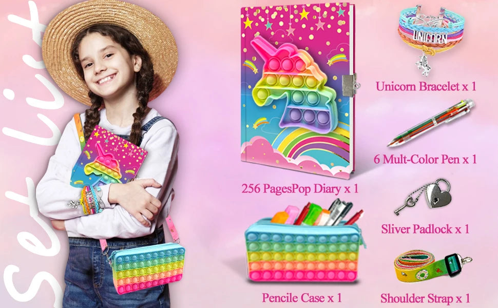 Cahier Pop pour Enfants, Fidget Journal Set Comprend Agenda avec serrure Bracelet de mode rose 6 Stylo à bille multicolore