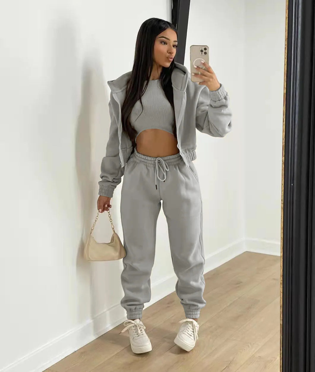 3pcs Ensemble de vêtements pour femmes Pull à capuche doublé de polaire , survêtement de sport