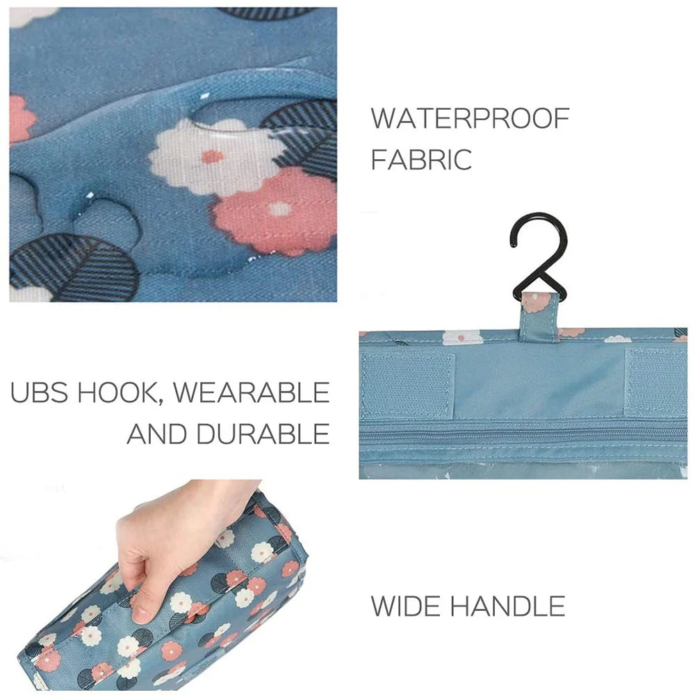 OrgaWise Trousse de Toilette Femme Pliable Étanche, Portable Trousse de Toilette Multifonction, Envoyer Un Joli Petit Sac (Daisy Bleu)
