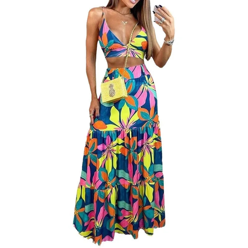 Ensemble Nouveau été femmes deux pièces ensembles sans manches jupe imprimée deux pièces hauts sexy élégante robe longue dames plage costume jupe