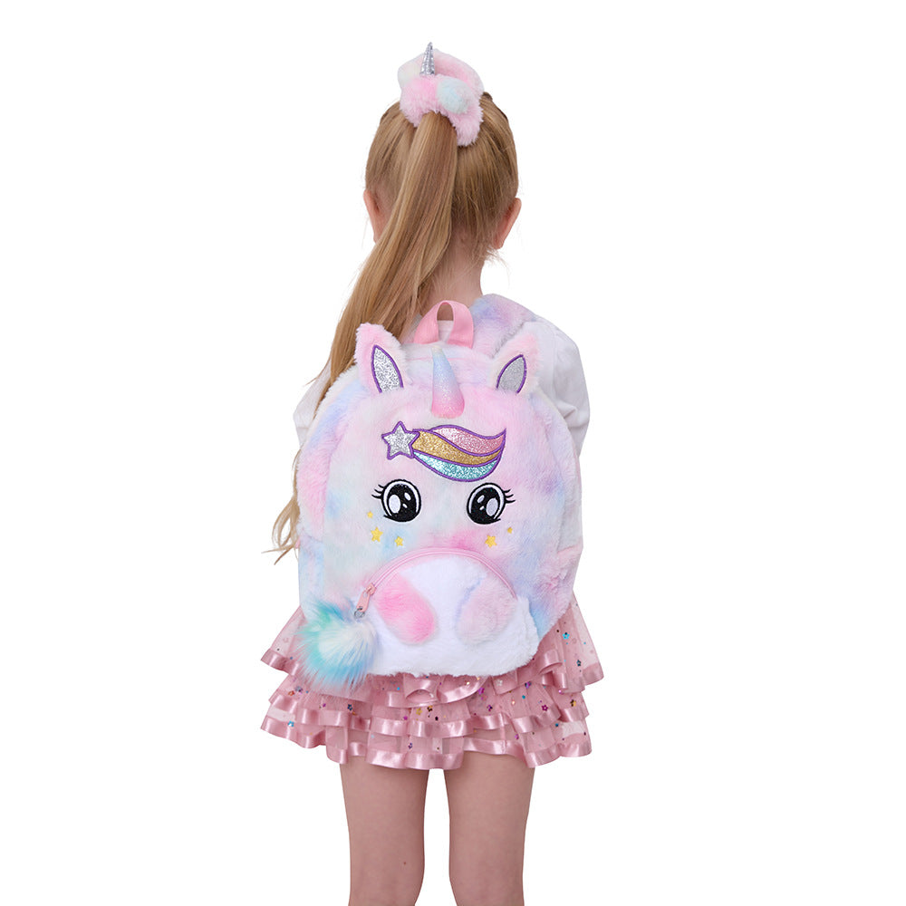 Sac à dos pour filles de maternelle Sac à dos en peluche de dessin animé licorne pour enfants avec de jolis grands yeux
