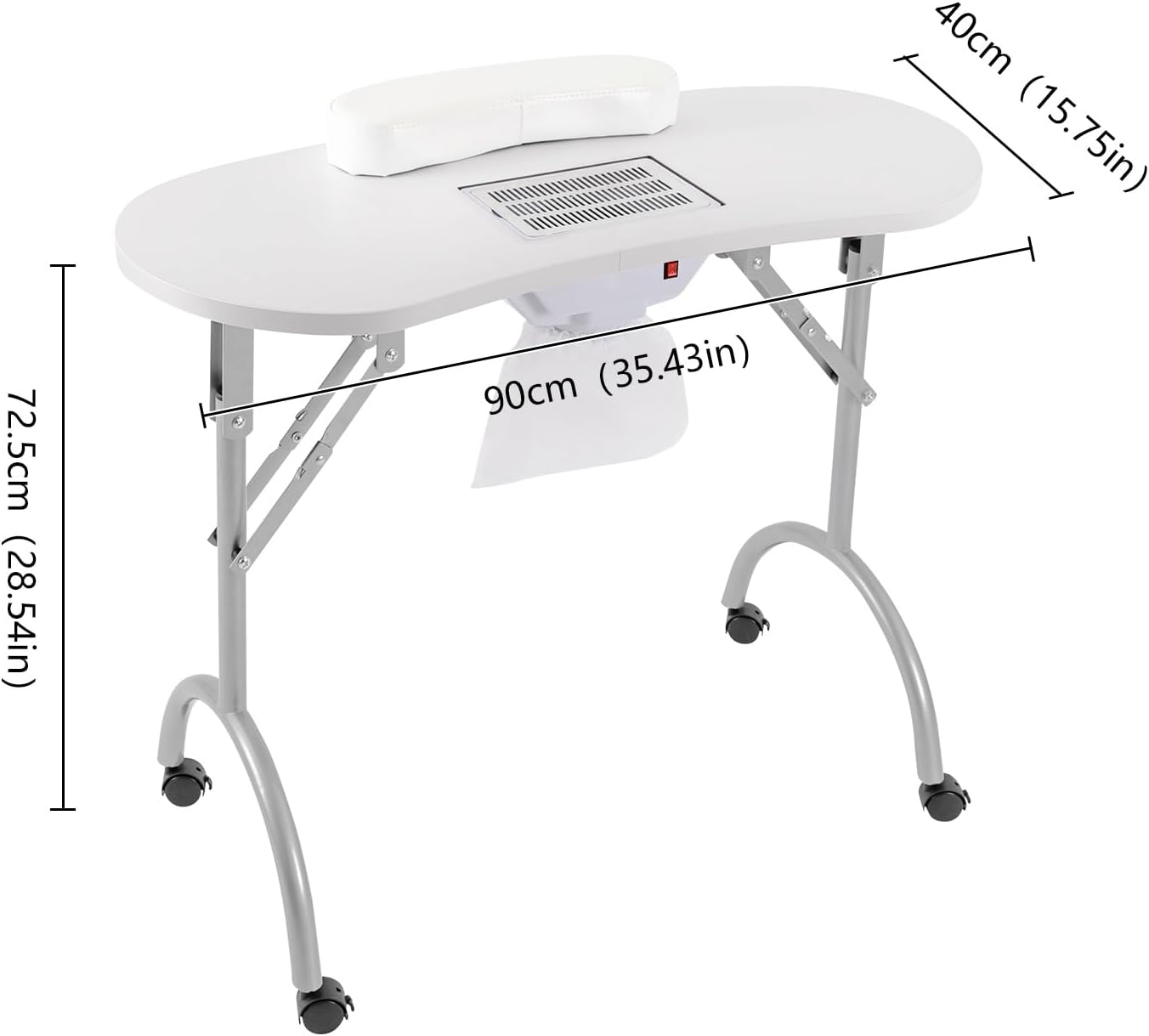 Table de Manucure Table à Manucure Pliable Professionnelle Table Onglerie Table de Manucure Pratique Avec Ventilateur,Roues, Sac à Main, Sac à Poussière et Tapis de Poignet(90*40*72.5cm) blanc