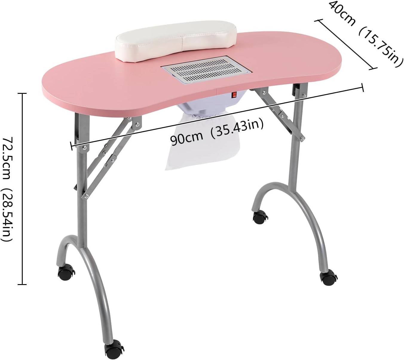 Table de Manucure Table à Manucure Pliable Professionnelle Table Onglerie Table de Manucure Pratique Avec Ventilateur,Roues, Sac à Main, Sac à Poussière et Tapis de Poignet(90*40*72.5cm) Rose