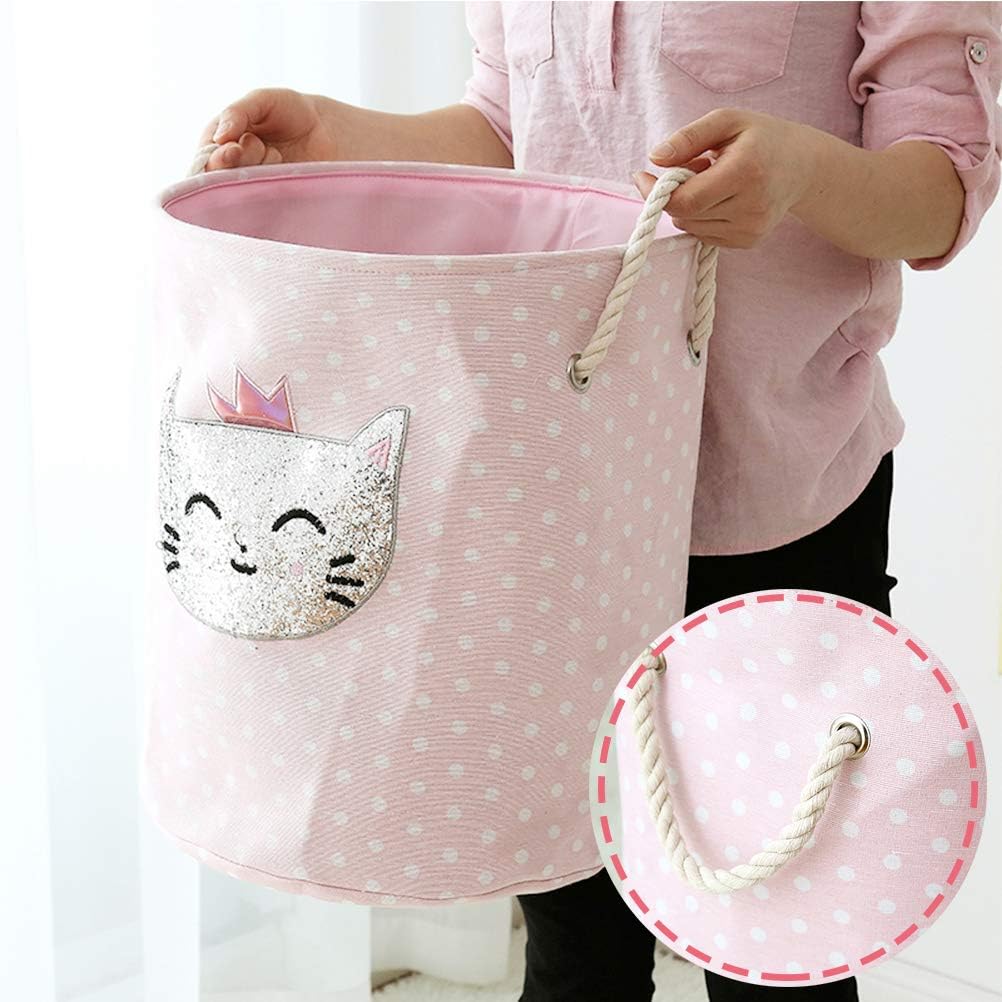 Panier de Rangement pour Chambre d'enfants, Corbeille à Linge Pliable Grand Organiser de Les Vêtements Stockage de Jouets - Rose Polka Dot Chat