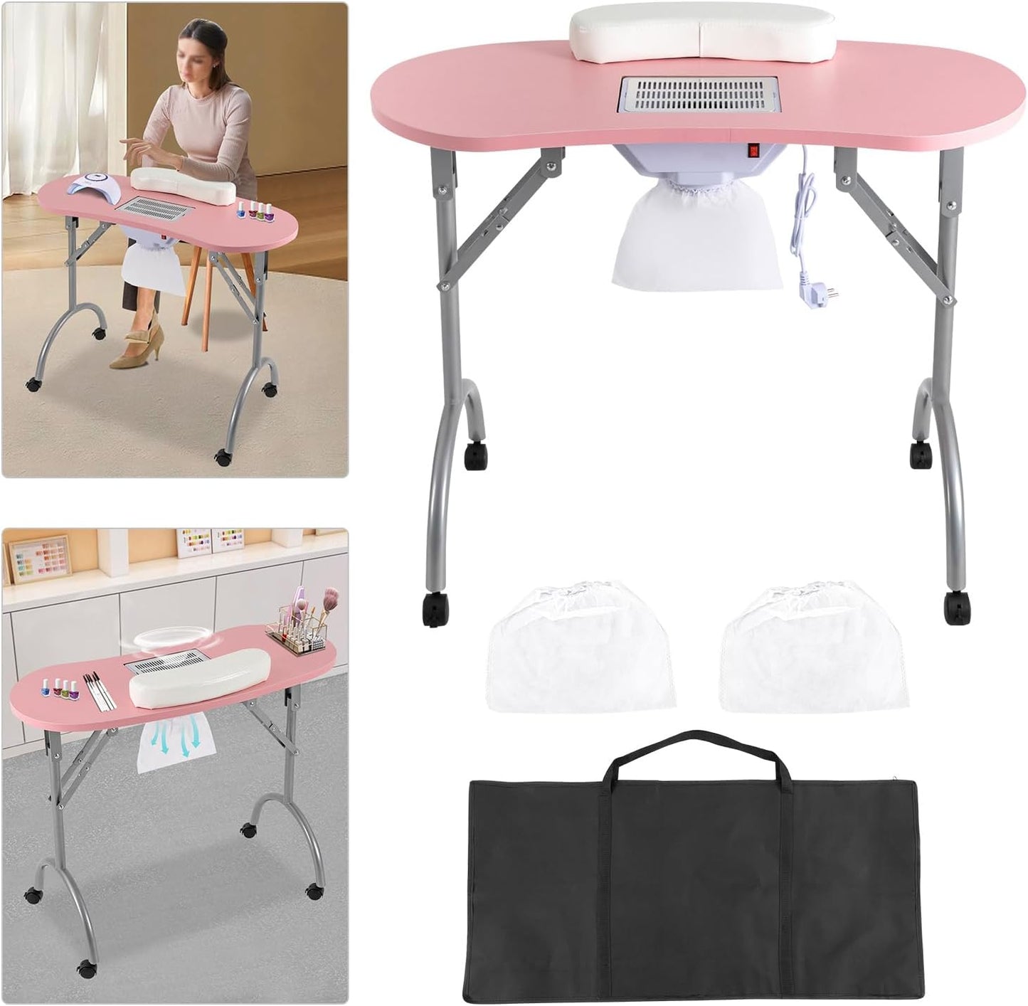 Table de Manucure Table à Manucure Pliable Professionnelle Table Onglerie Table de Manucure Pratique Avec Ventilateur,Roues, Sac à Main, Sac à Poussière et Tapis de Poignet(90*40*72.5cm) Rose