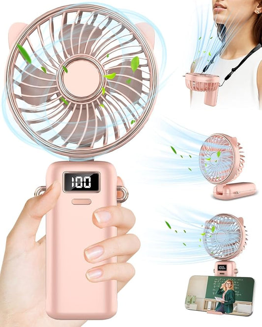 Petit Ventilateur Portable,Ventilateur à Main Rechargeable à Piles Pliable 90°,Mini Ventilateur USB Personnel avec Affichage LED,Ventilateur Portatif de Poche,Cadeau Pour Enfant Femmes-Rose