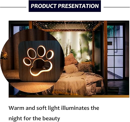 Vagasi Veilleuse LED en bois USB 3D Kawaii Lampe de table Décoration Chambre à Coucher Cadeau Anniversaire Noël Pour Enfants Bébé, Patte de chat