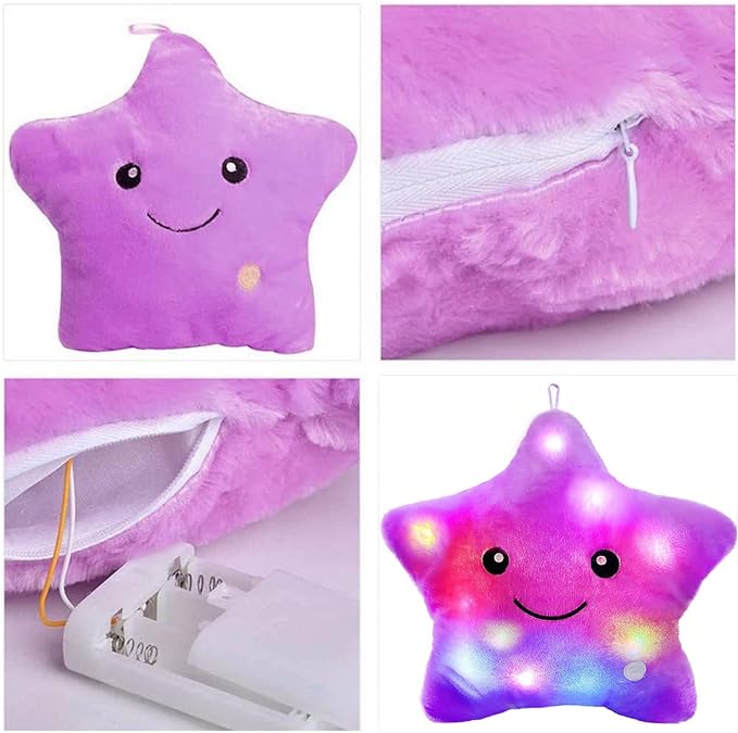 Shengruili Peluche Coussin, LED étoiles Oreiller Peluche Coussin, Coussins Peluche pour Enfants, Coussin Lumineux, Coussin Lumineuses, Peluche Douce Coussin, Coussin en Super Doux, Coussin Décoratif 40*35 Violet