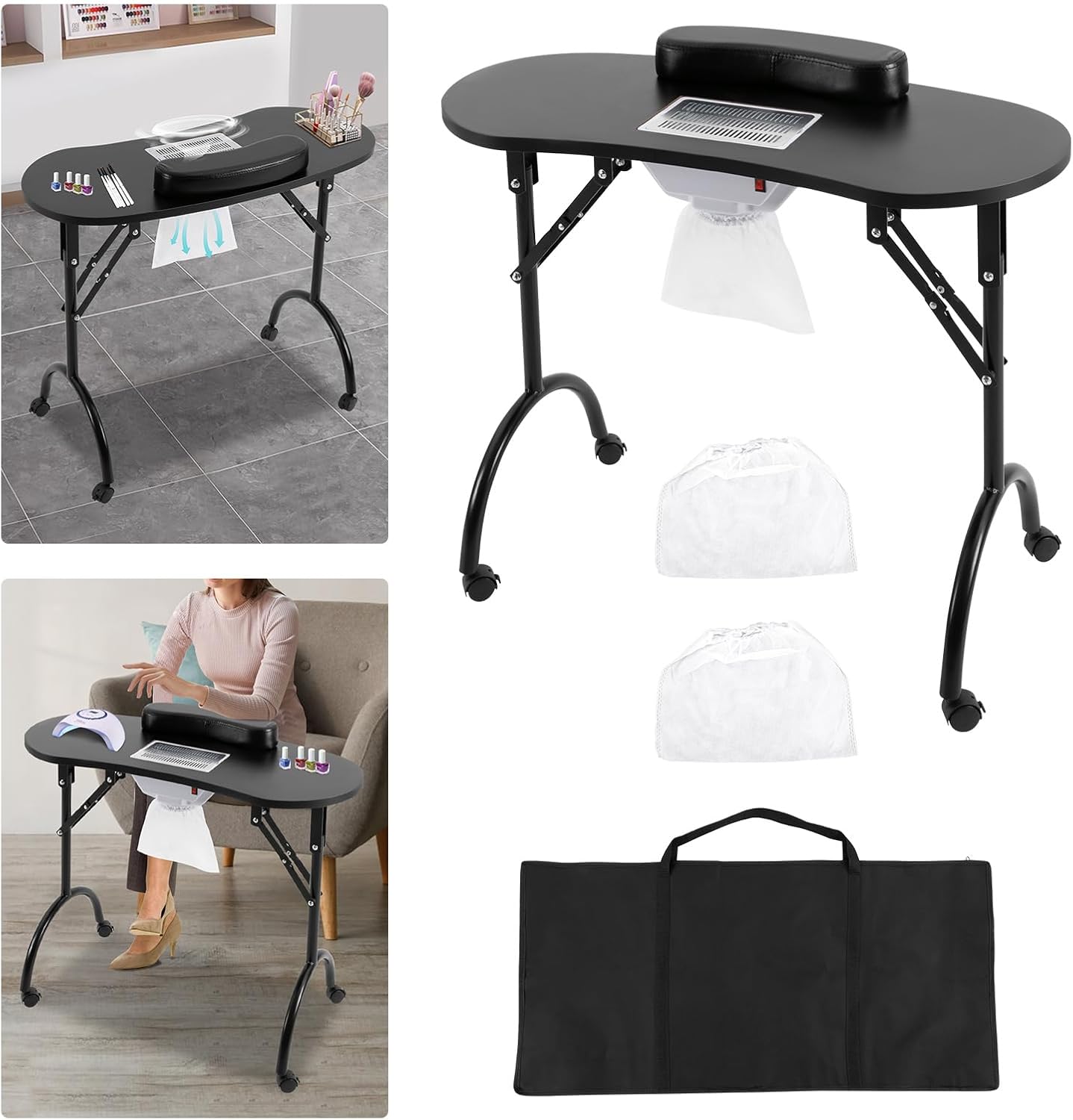 Table de Manucure Table à Manucure Pliable Professionnelle Table Onglerie Table de Manucure Pratique Avec Ventilateur,Roues, Sac à Main, Sac à Poussière et Tapis de Poignet(90*40*72.5cm) (Noir)