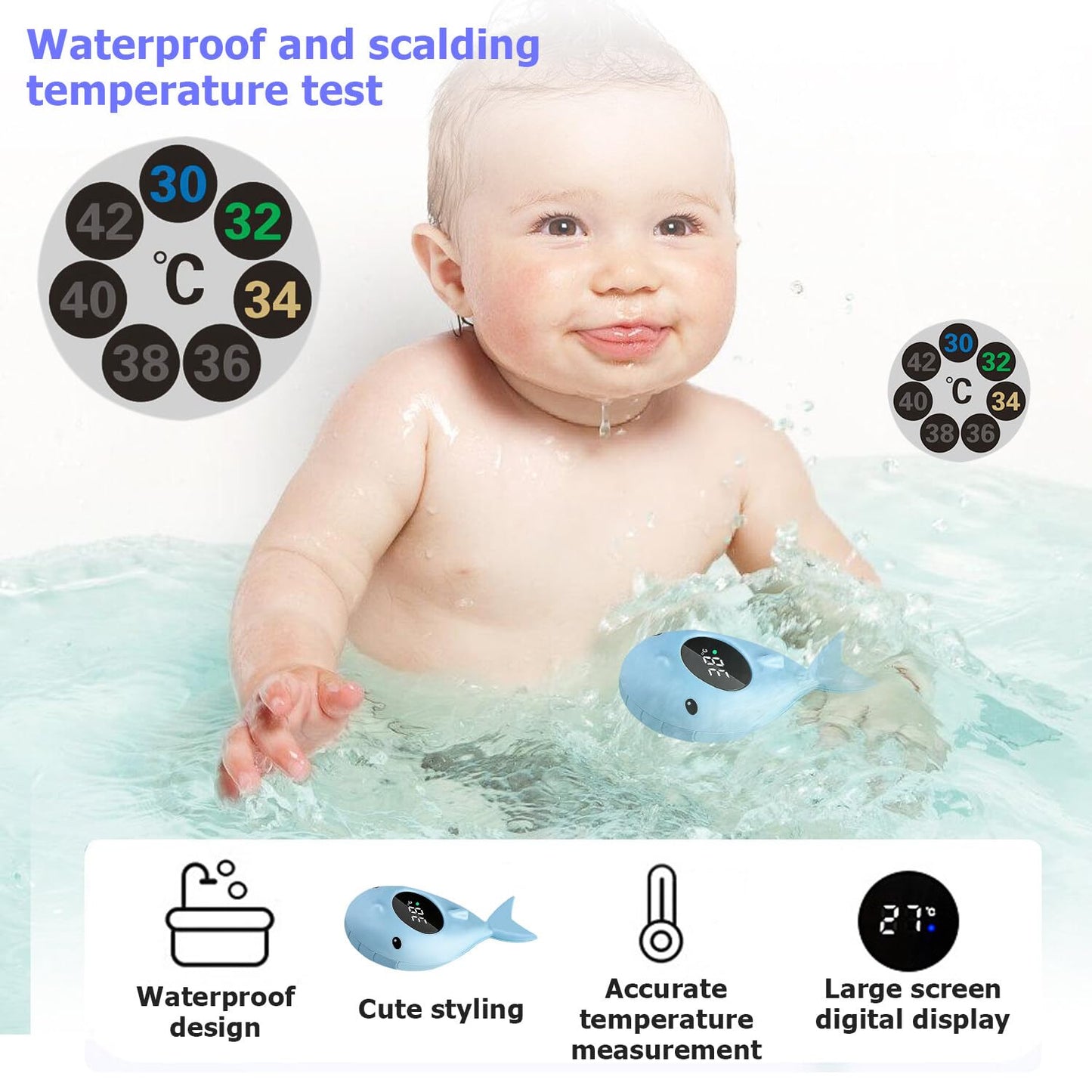 Thermomètre de bain pour bébé - Thermomètre numérique pour la baignoire - Avec modélisation BlauWal et écran tactile LED - Sécurité enfant - Pour les tout-petits