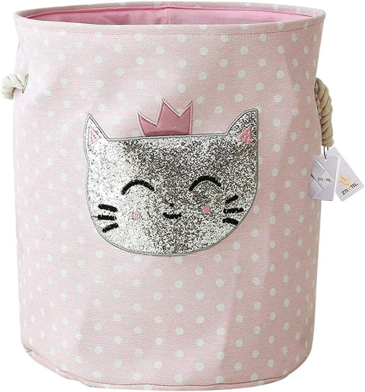 Panier de Rangement pour Chambre d'enfants, Corbeille à Linge Pliable Grand Organiser de Les Vêtements Stockage de Jouets - Rose Polka Dot Chat