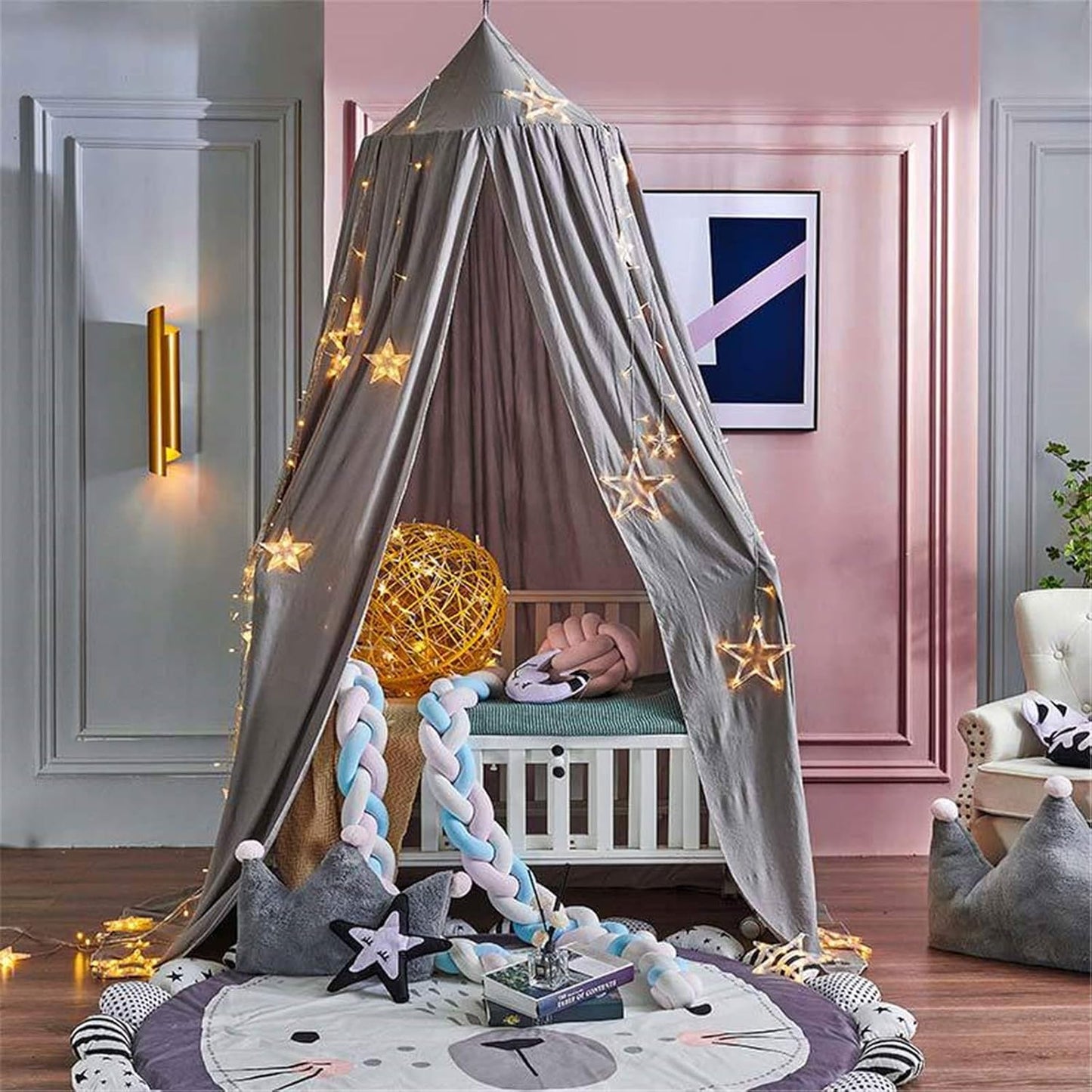 DOTBUY-SHOP Baldaquin Rideaux de Lit pour Bébé, Couleur unie Moustiquaire pour Chambre à Coucher Fille Garcon Tente de Jeu Moustiquaire Salle de Lecture Decoration Enfant et Adulte (Gris)