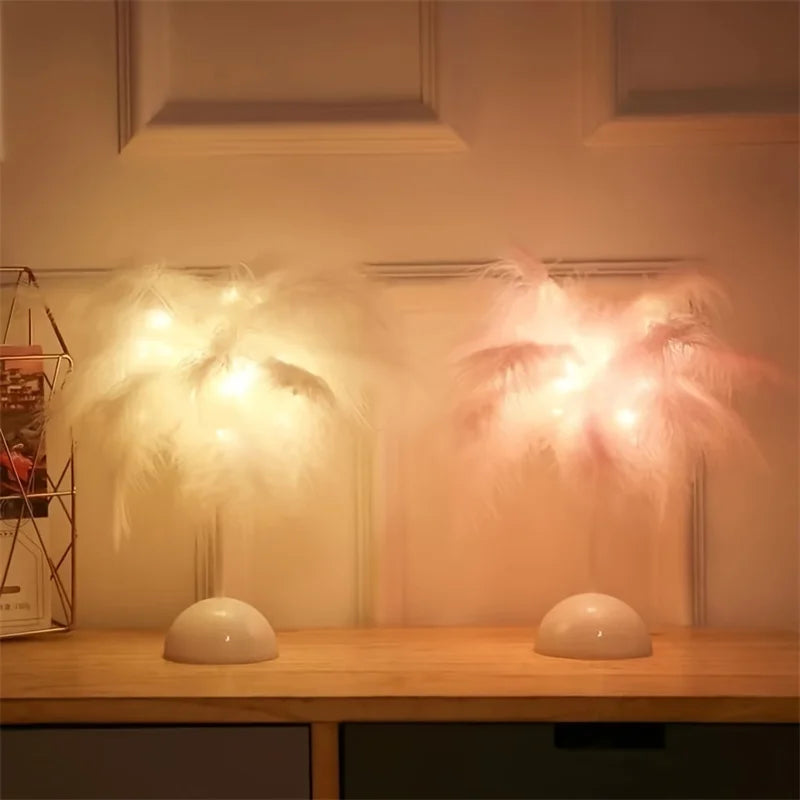 Lampe de table créative en plumes d'arbre à lumière blanche chaude