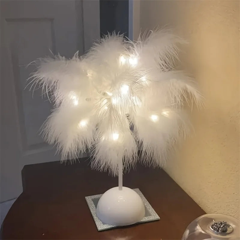 Lampe de table créative en plumes d'arbre à lumière blanche chaude