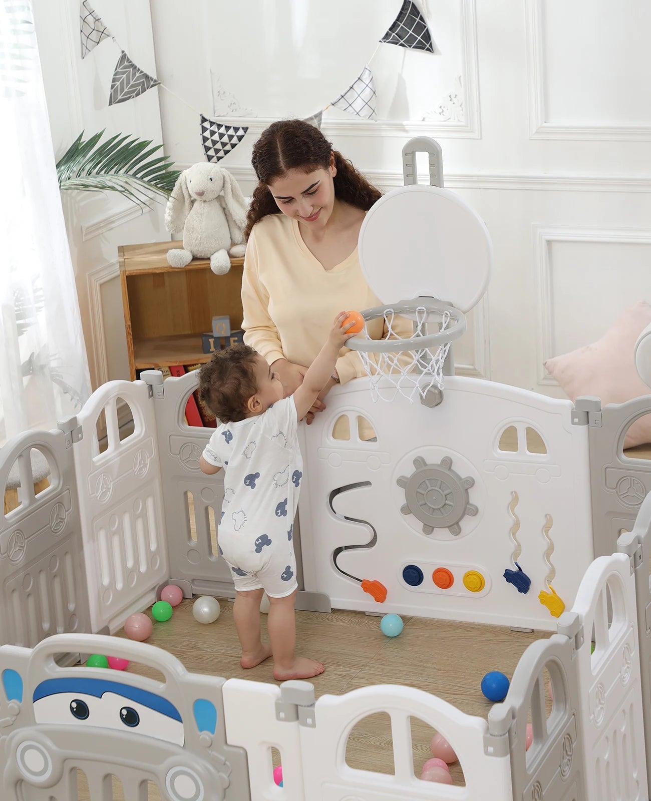 UBRAVOO-Parc pliable pour bébé avec panier de basket-ball, clôture de stylo de jeu pour tout-petits et bébés, 14 panneaux, 50 pièces; meilleur cadeaux