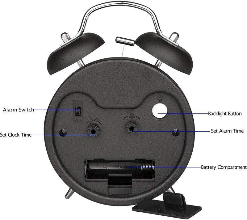 4 pouces Twin Bell Loud Réveil Cadre En Métal Cadran 3D Avec Rétroéclairage Batterie Fonctionnement De Bureau