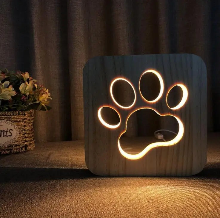 Vagasi Veilleuse LED en bois USB 3D Kawaii Lampe de table Décoration Chambre à Coucher Cadeau Anniversaire Noël Pour Enfants Bébé, Patte de chat