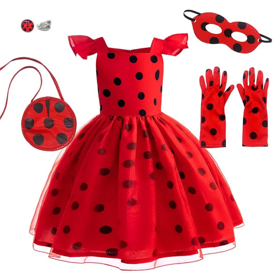 Robe Coccinelle Filles + gants+ sac+ masque + boucle d'oreille