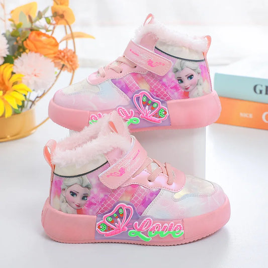 Disney Princess Elsa High Top Casual Board Shoes Automne et Hiver Pour Enfants Plus Chaussures de sport en peluche 7-13