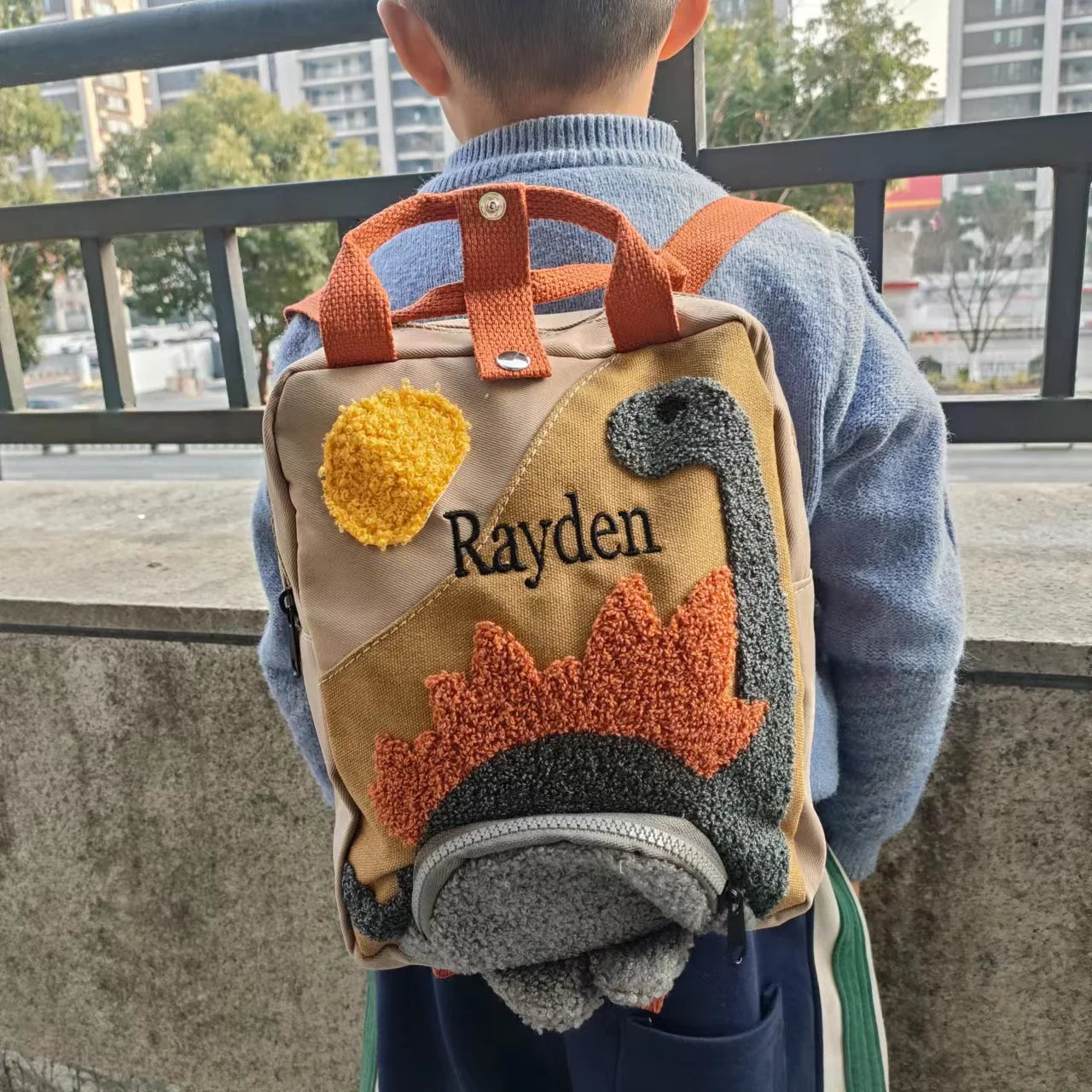 Sac à Dos en Toile à Motif de Dinosaure de Dessin Animé pour Garçon et Fille, Cartable Personnalisé avec Nom Brodé 3-6 ans