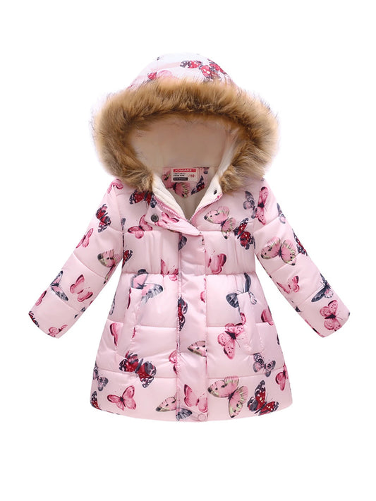 Chaud et élégant : le manteau matelassé pour fille avec imprimé papillon et capuche polaire - parfait pour l’hiver !