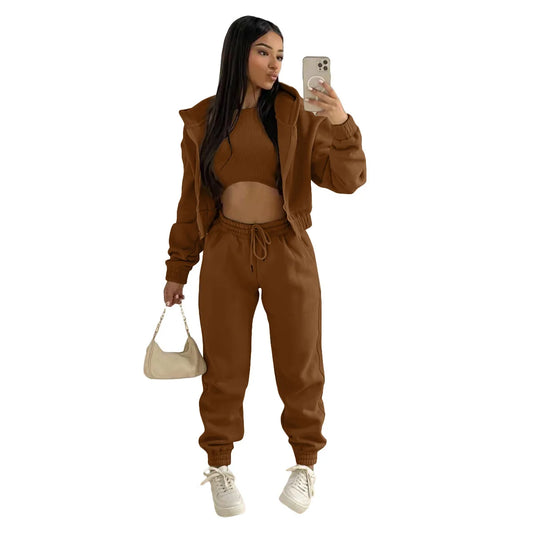 3pcs Ensemble de vêtements pour femmes Pull à capuche doublé de polaire , survêtement de sport