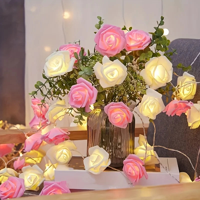 Guirlande lumineuse rose rose pour chambre à coucher Lumière LED fleur à piles pour l’extérieur romantique maison