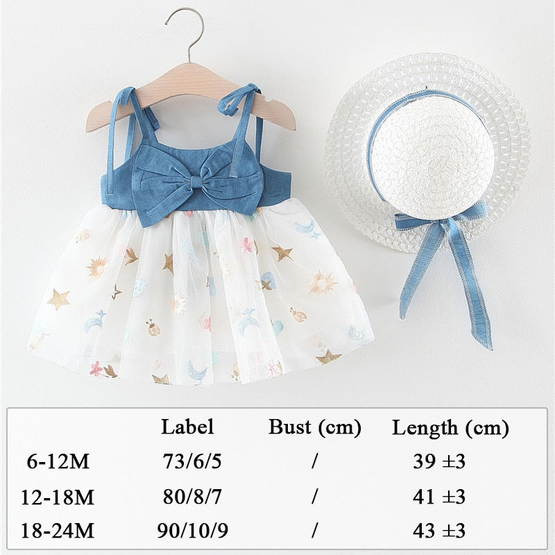 Robe Imprimée Intégrale Avec Des Fleurs Pour Enfant En Bas Âge Et Chapeau, Jolie Robe Sans Manches Avec Nœud Décoratif, Vêtements Pour Bébé Fille Pour L'été