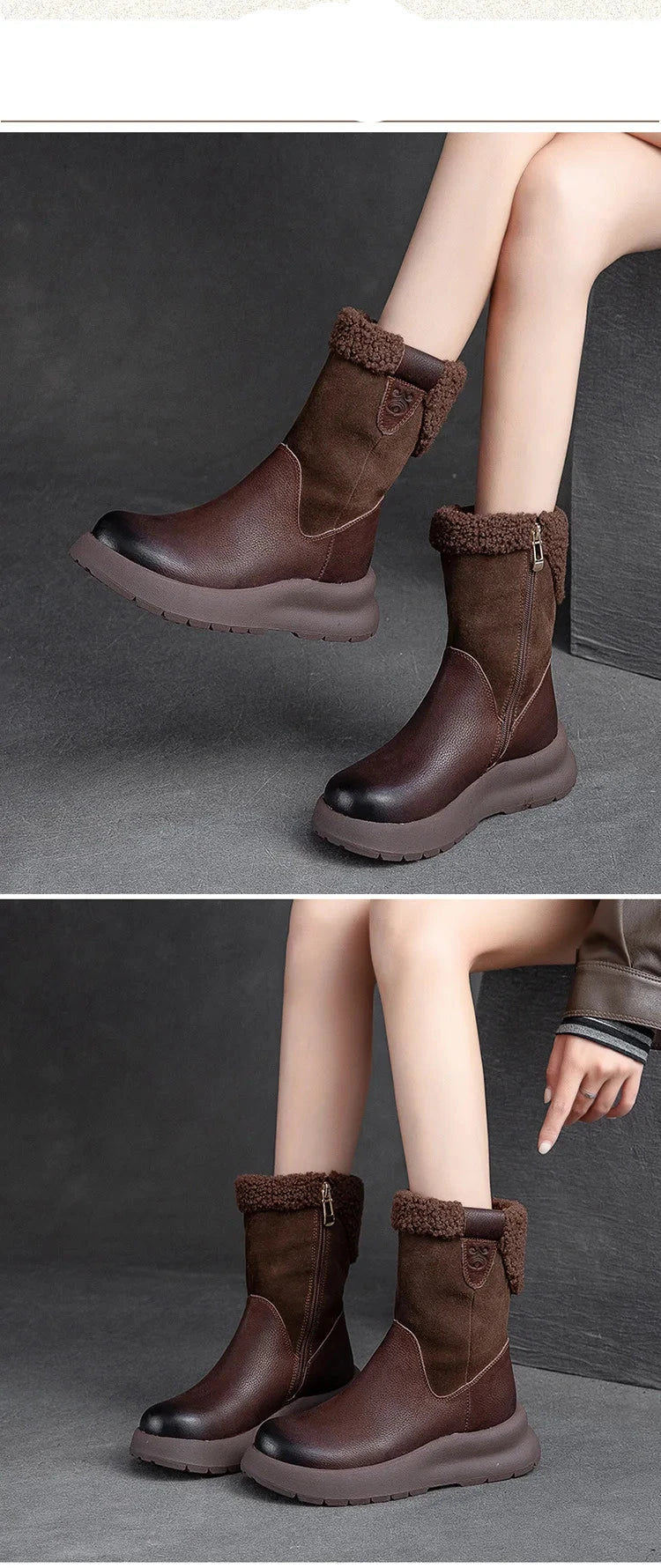 Careaymade-Bottes de neige mi-longues en cuir véritable pour femme